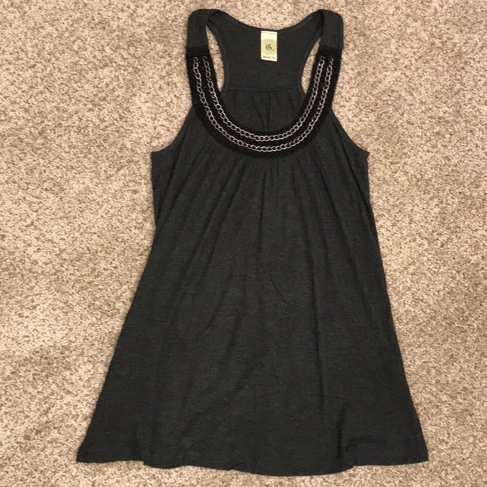 Ginger G. dark gray tank with beaded neck.